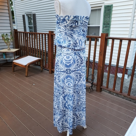 CYNTHIA ROWLEY blue floral print strapless Maxi mesh dress size S - Picture 10 of 15